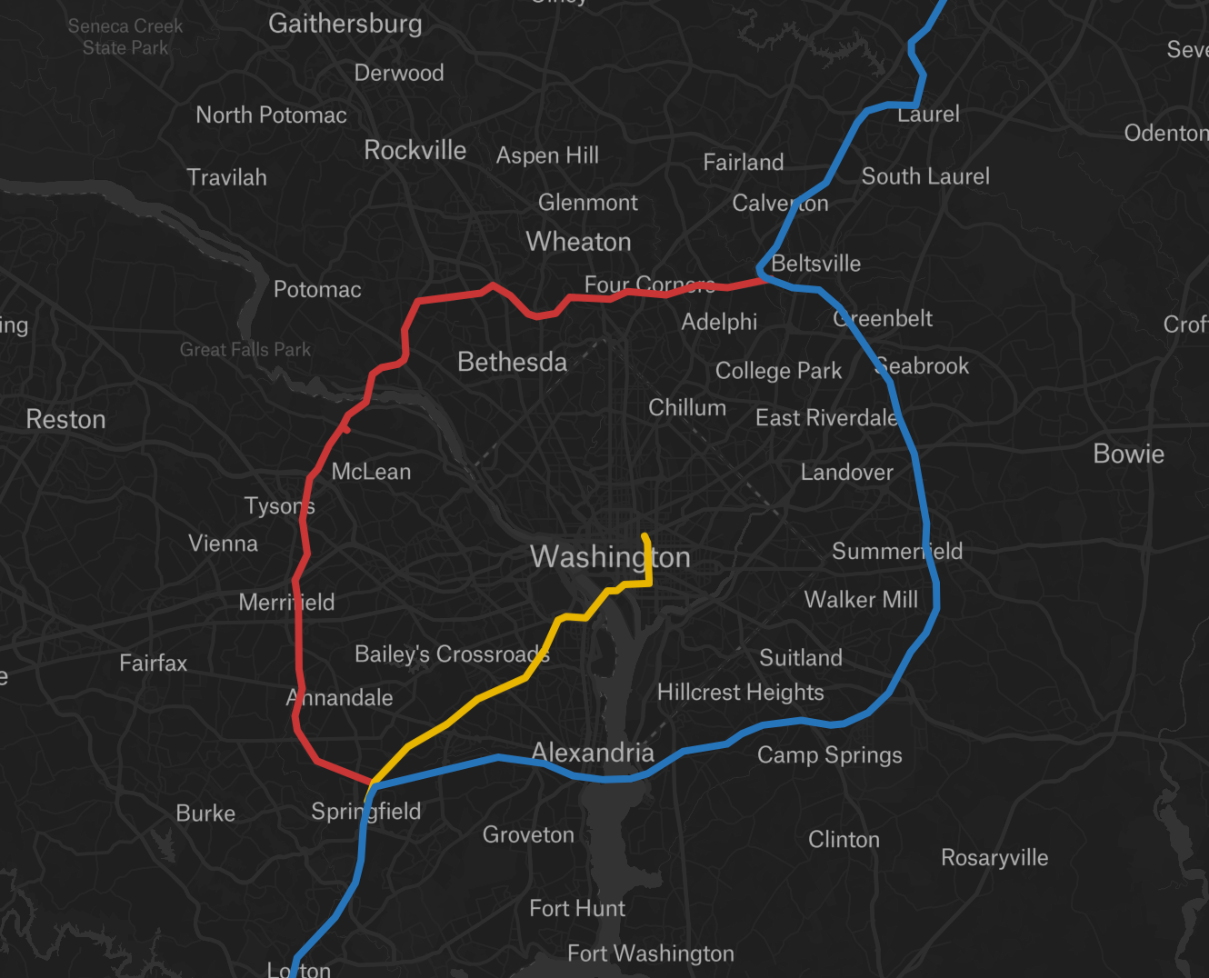 A map of Washington DC with routes I-95, I-395 and I-495 shown (but not labeled) in blue, yellow and red, respectively.